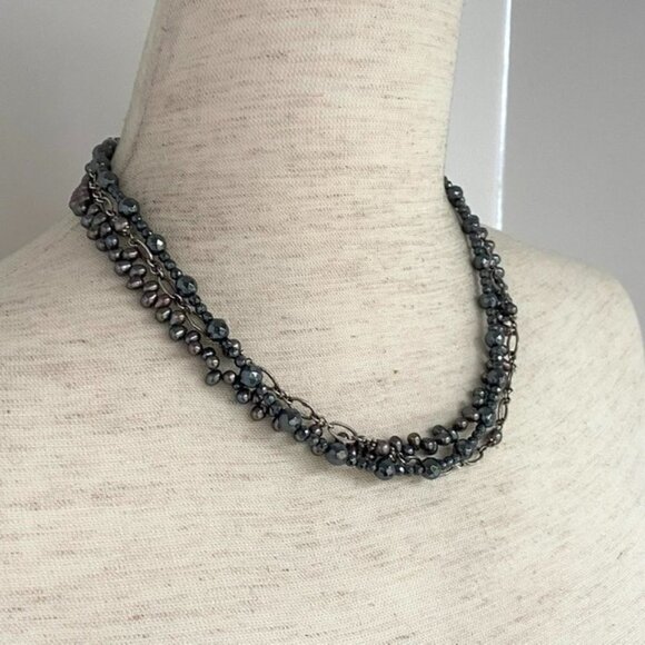 Sterling Silver 925 Triple Strand Peacock Pearl Hematite & Chain Necklace 17.5" - Picture 1 of 16